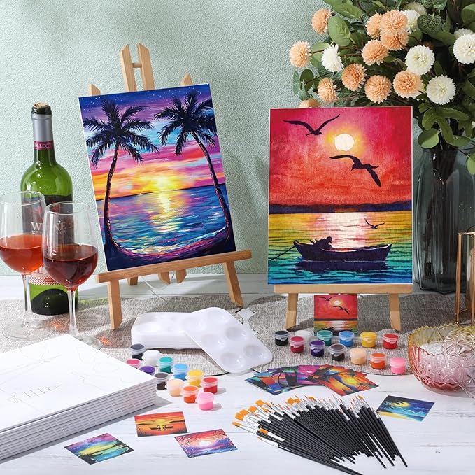 Ctosree 12 Pack Pre Drawn Canvas Kit for Painting Sip and Art Paint Kit for Adults Pre Painted Canvas Party Favors for DIY Holiday Party Date Night Gifts(Summer Sunset,10 x 8 Inch)