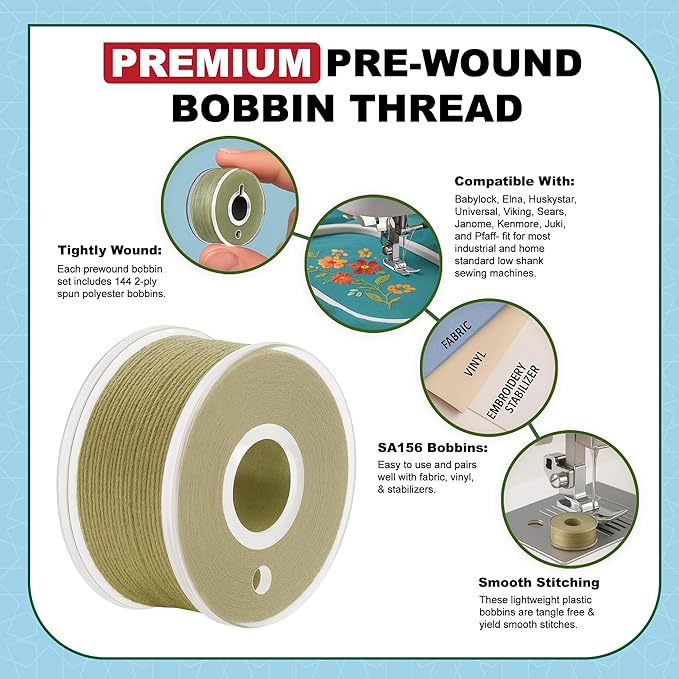 Mandala Crafts 144 Beige SA156 Prewound Bobbins for Singer Sewing Machine -15J SA156 Prefilled Bobbin Thread for Brother Sewing Machine and Embroidery