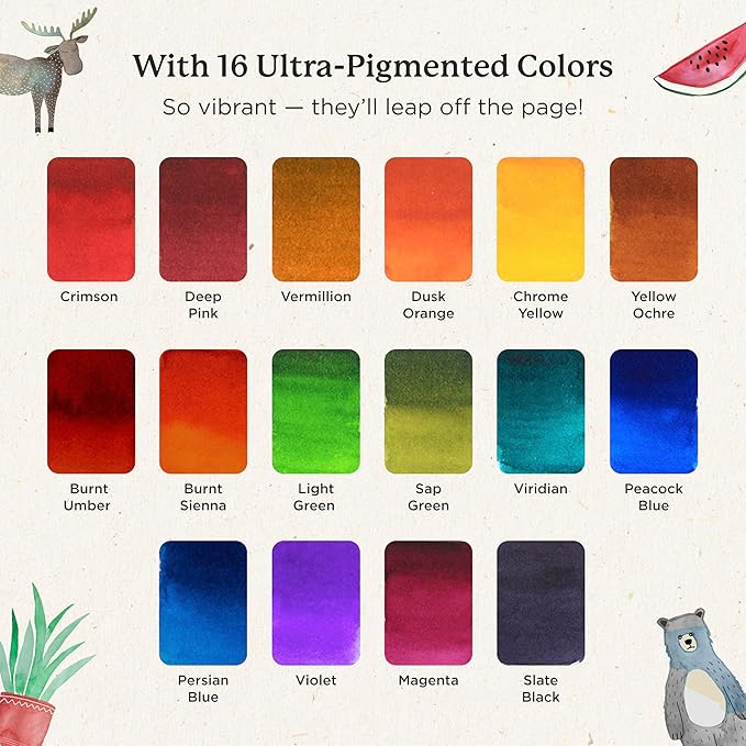 Viviva Colors Watercolor A5 Travel Paint Set - Travel Watercolor Kit with 16 Watercolors, A5 Ivory Sketchpad, Leather Case, Waterbrush, & Black Marker - Fun, Vibrant, No Mess Portable Travel Art Kit for Adults & Kids