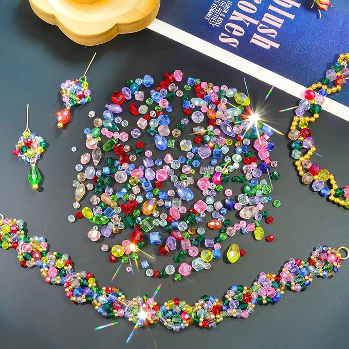 1500 Pcs Crystal Glass Beads for Jewelry Making – 12 Styles Bicone, Rondelle, Cube, Teardrop & 3mm Spacer Beads, DIY Bracelet Necklace Earring Craft Kit Random Colors(Multicolored)