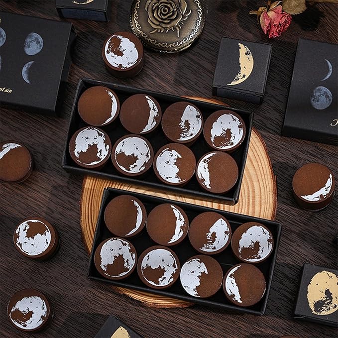 SIBLYMONA 8 Pieces Phases of The Moon Wooden Rubber Stamps Set for DIY Crafting, Decorative Wood Stamps with Moon Patterns, Reusable Rubber Stamp Kit for Scrapbooking & Card Making (Moon(8Pcs))