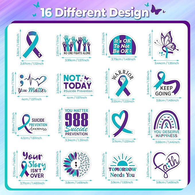 beyumi suicide awareness roll stickers - 1000pcs teal purple ribbon stickers in 2 rolls waterproof vinyl suicide prevention awareness decals campaigns laptop bottle notebook luggage decor kids teens