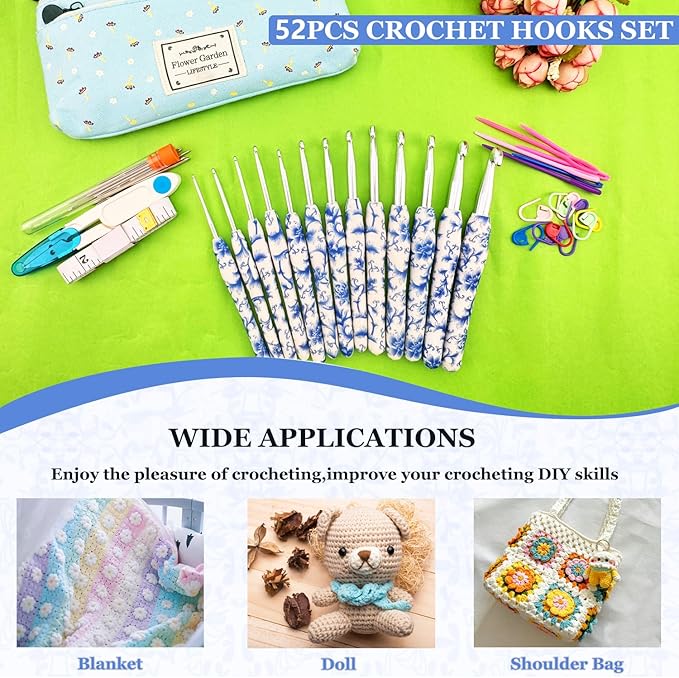 Hobekoee 14 Sizes Crochet Hooks Set,2.25mm(B)-10mm(N) Ergonomic Handle Crochet Hook for Arthritic Hands,Long Crochet Needles Set with Case for Beginners and Enthusiasts
