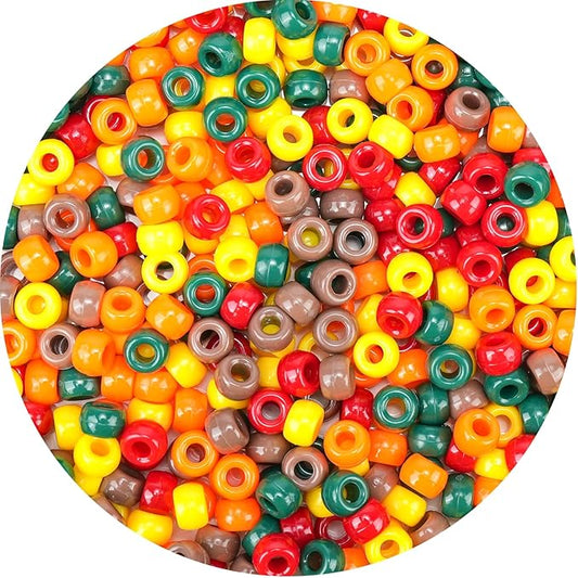 1000PCS Fall Pony Beads Bulk – 6x9mm Green Red Orange Yellow Brown Kandi Beads for Bracelets, Jewelry Making, Hair Braids, DIY Crafts & Thanksgiving Decorations