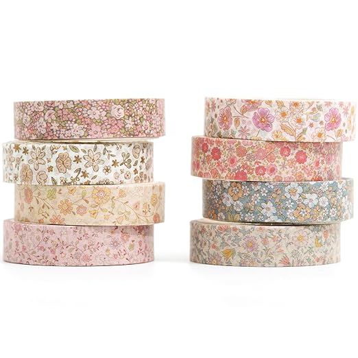 YUBX Vintage Washi Tape Set 8 Rolls Thin Retro Decorative Antique Patterns Masking Tapes for Arts, DIY Crafts, Journals, Planners, Scrapbook, Wrapping (Little Flowers)