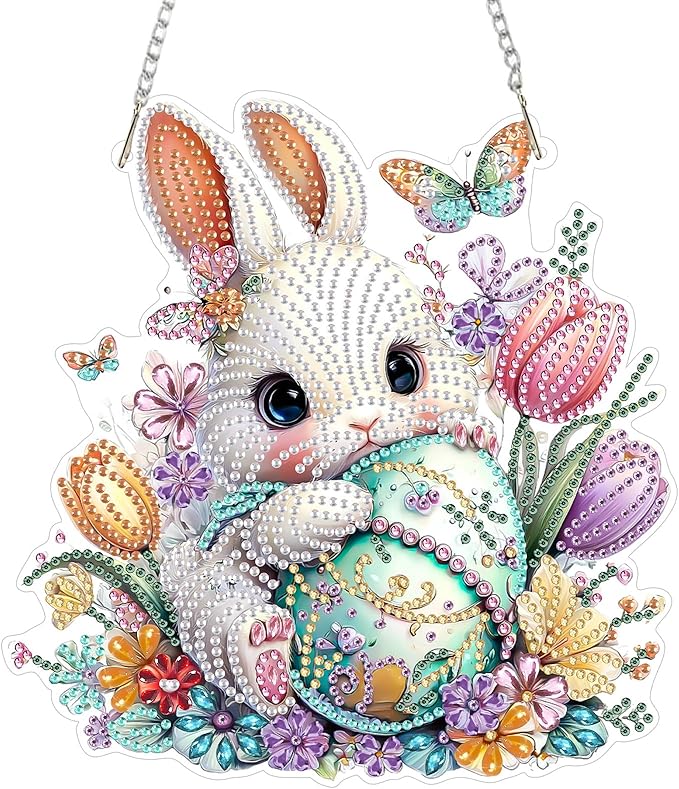 MAXBYE Easter White Rabbit with Eggs Hanging Diamond Art Painting Kits for Adults Beginners, DIY 5D Special Shaped Crystal Painting Diamond Kits Hanging Ornament for Gift Home Wall Door Decor 8×12Inch