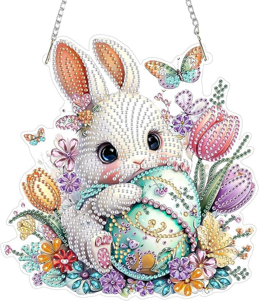 MAXBYE Easter White Rabbit with Eggs Hanging Diamond Art Painting Kits for Adults Beginners, DIY 5D Special Shaped Crystal Painting Diamond Kits Hanging Ornament for Gift Home Wall Door Decor 8×12Inch
