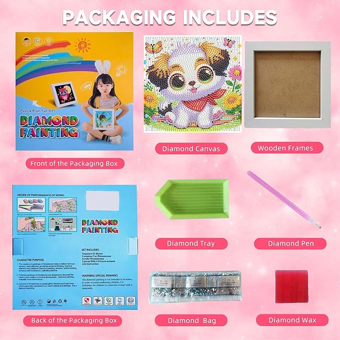 Dog Diamond Art Painting Kits for Kids with Frame, Animal Diamond Art for Kids Ages 4-8-12 with Frame, Easy Small Cute Gem Painting Kit for Gift Home Wall Decoration (7x7 inch)