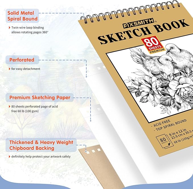 fixsmith 9"x12" sketch book | 80 sheets (68 lb/100gsm) sketchbook | top spiral bound artist sketch pad | acid free drawing pad | ideal for kids, beginners, artists & painters | bright white