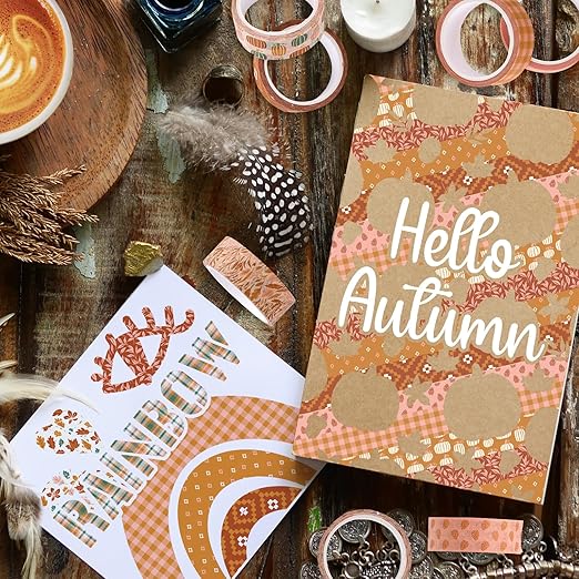 Whaline 12 Rolls Fall Pumpkin Washi Tape Autumn Leaves Boho Washi Masking Tape Thanksgiving Pumpkin Maple Leaf Print Decorative Craft Tape for Fall Scrapbook Gift Wrapping DIY Art Crafts, 16.4Ft