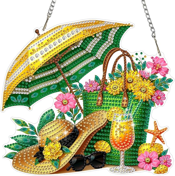 MEIYUDA Summer Diamond Art Hanging Kits for Adult, Beach Bag Diamond Painting Hanging Kits Ornaments, DIY Special Shaped Rhinestone Window Pendants Kit for Home Garden Wall Decor Gift