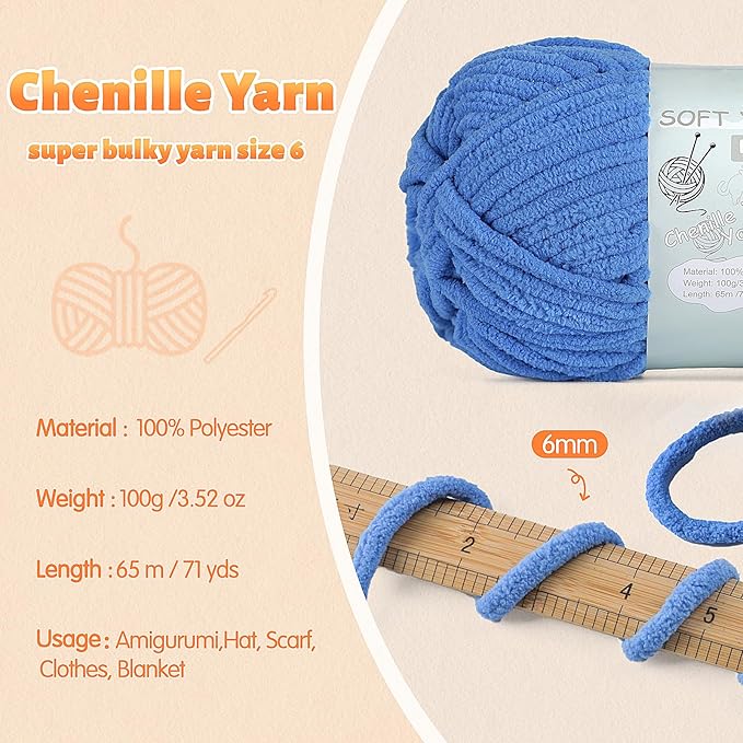 Chunky Chenille Yarn Velvet Soft Super Bulky Size 6 for Crocheting Knitting, Baby Blanket Yarn, 100g 71 Yds per Skein, Easy to Use for Scarves, Amigurumi, Crafts (4, Beige)