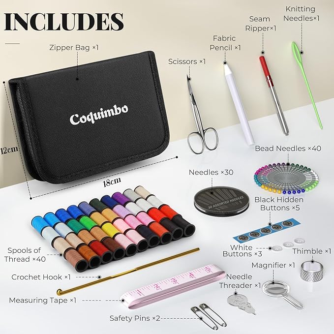 Coquimbo Sewing Kit Christmas Gifts for Grandma, Mom, Traveler, Adults, Beginner, Emergency, DIY Sewing Supplies Organizer Filled with Scissors, Thread, Sewing Needles, Tape Measure etc (Black, L)