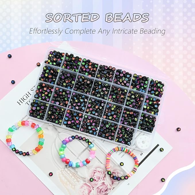 Amaney 1400pcs Colorful Letter Beads Round Alphabet A-Z Heart 4x7mm Black Acrylic Beads and Crystal Line for Jewelry Making