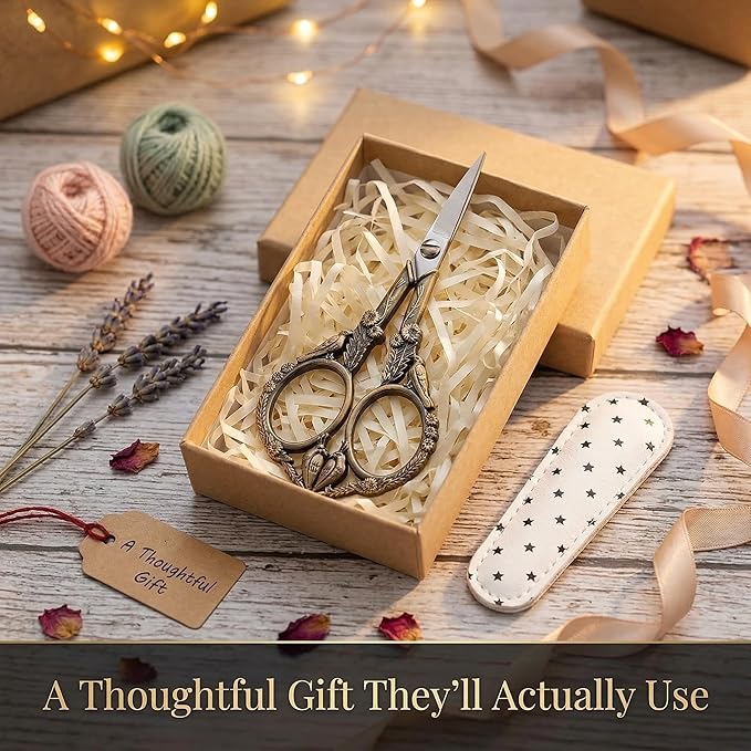 Crochet Scissors with Cover – Antique Bronze Vintage Small Embroidery Scissors, Sharp Bird Craft Scissors for Yarn Thread Sewing Needlework, Pretty Gift for Crocheter Quilter, 4.6 Inch
