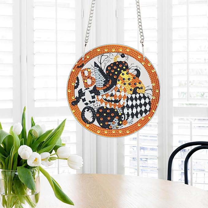 5D DIY Halloween Diamond Painting Hanging Ornament, Acrylic Rhinestone Pendant Craft with Ghost, Pumpkin, Bat & Witch Hat, Diamond Art Window Suncatchers for Home Wall & Door Holiday Decoration