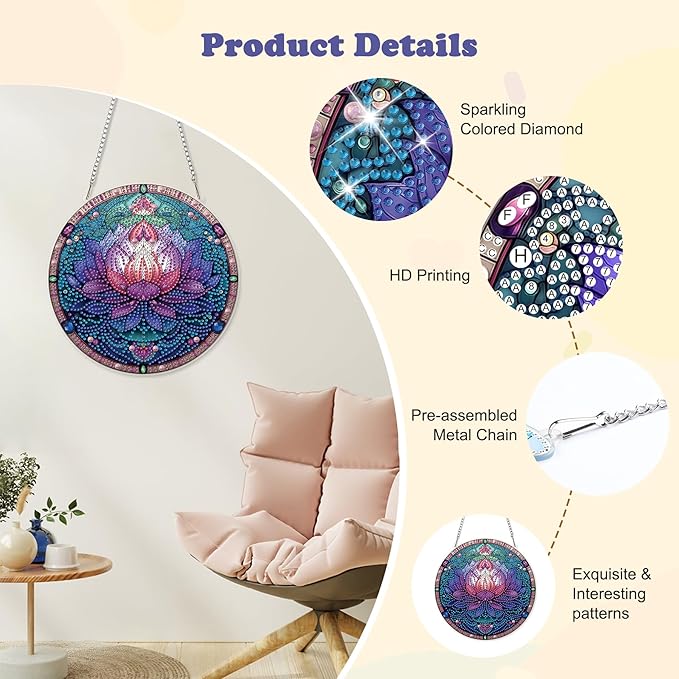 HEIBAGO Mandala Diamond Art Hanging Kits for Adults, Flower Diamond Art Suncatchers, 5D Special Shape Diamond Painting Pendant, DIY Window Ornament Gifts for Home Garden Door Wall Decor 8.3x8.3In