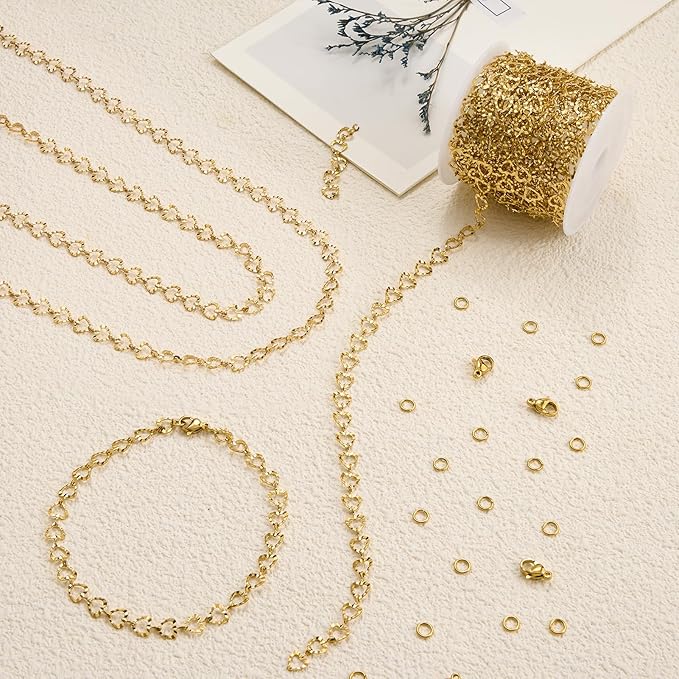 YOUBEIYEE 5 Meters Gold Plated Hollow Heart Chain for Jewelry Making Stainless Steel Link Chains Bulk on Spool