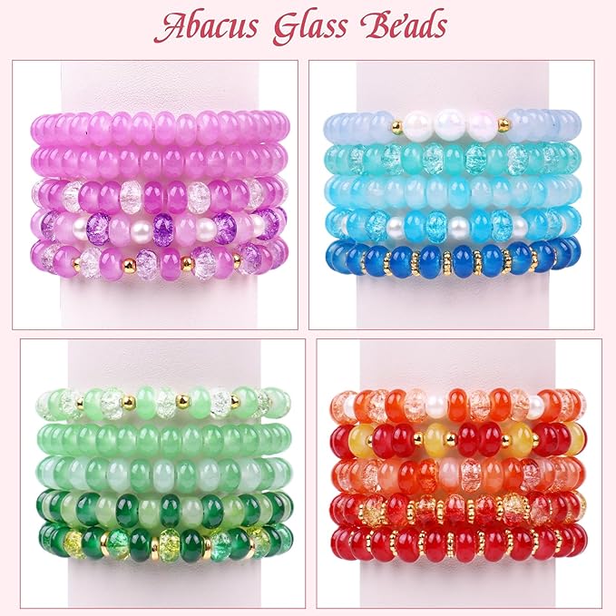 1200PCS Abacus Glass Beads for Jewelry Making, 48 Colors Gemstone Rondelle Beads for Bracelets Making Kit, Crystal Bead for Necklace DIY Crafts, 5x8mm, Solid, Crackle, Gradient Colors