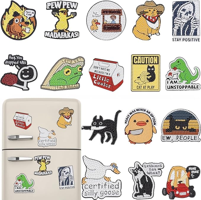 16 Pcs Funny Diamond Painting Magnets Kits,Diamonds Art Fridge Magnet Refrigerator Sticker Diamond Painting kit for Beginners Adults DIY Art Craft Gifts Home Decors (Funny)