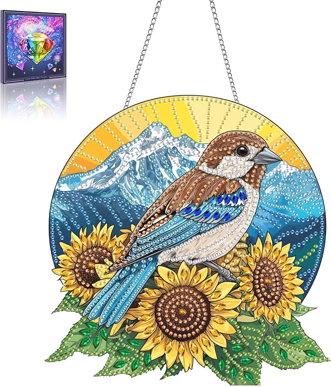 Wergund 5D DIY Bird Diamond Art Hanging Kits, Hanging Diamond Art Sunflower, Acrylic Special Shaped Rhinestone, Window Hanging Pendants for Home Wall Garden Front Door Outdoor Decor Gift(Bird)