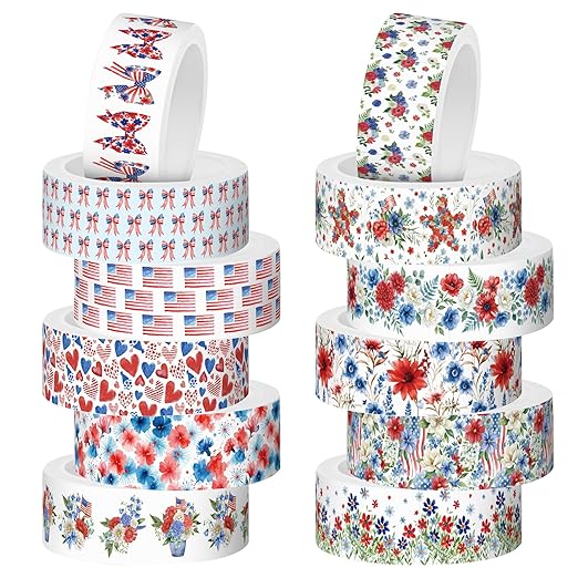 Patriotic Floral Washi Tape - 12 Rolls Red White Blue Flower Designs Acid Free Repositionable Adhesive Paper for Scrapbook Gift Wrapping Card Making Journal Independence Veterans Day Crafts
