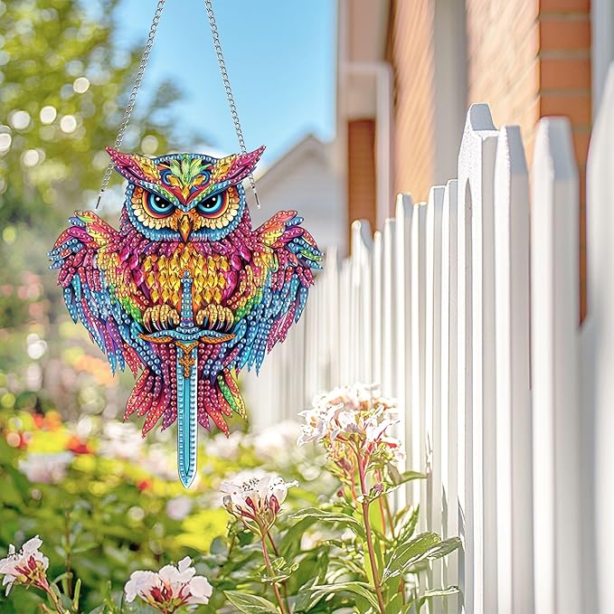 Wergund 5D DIY Owl Diamond Art Hanging Kits, Hanging Diamond Art Bird, Acrylic Special Shaped Rhinestone, Window Hanging Pendants for Home Wall Garden Front Door Outdoor Decor Gift(Owl)