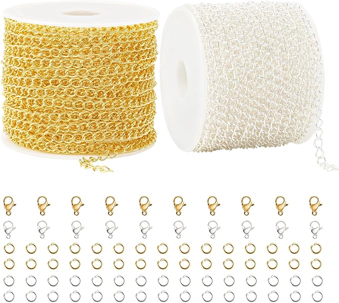 Kyutong 2 Rolls Gold and Silver Extender Chain for Jewelry Making 3MM Wide Curb Links Stainless Steel Necklace Chains Spool on Bulk with Lobster Clasps Jump Rings Jewelry Supplies for Crafts DIY