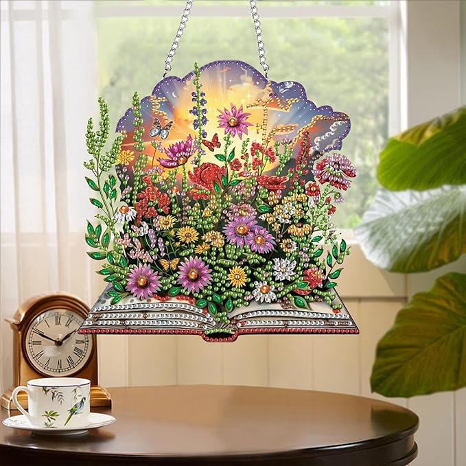 Yomiie Book Flowers Sun Catcher Window Hanging - DIY Double Sided Bouquets Diamond Painting Pendant Kit, Acrylic Diamonds Art Ornament for Front Door Sign & Indoor/Outdoor Garden Decor(8x8 inch)