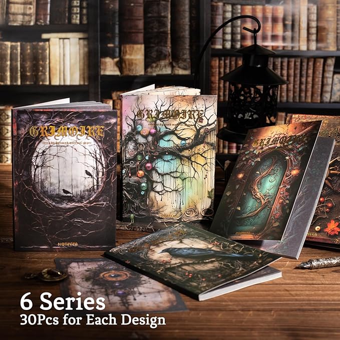 180Pcs Vintage Gothic Scrapbook Paper, Antique Junk Journal Supplies for Scrapbooking Kit, Aesthetic Tree, Spider, Door, Book Designs for Creative Journaling, DIY Crafts