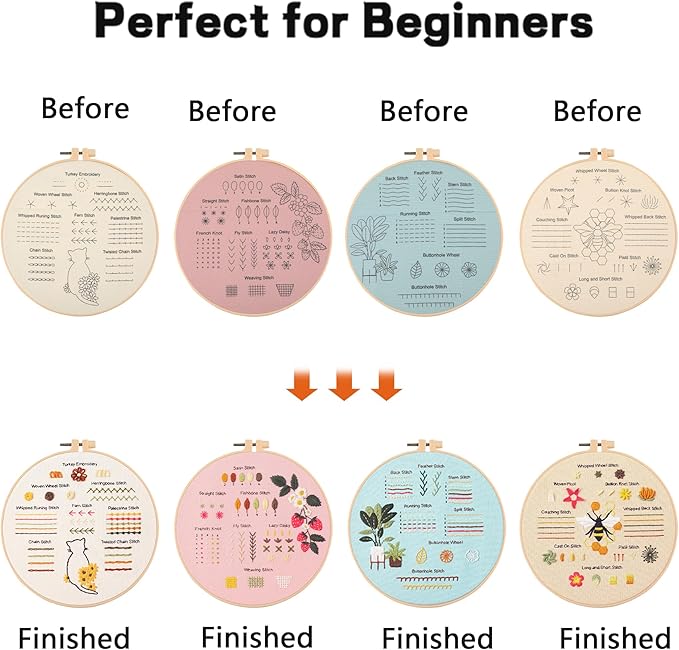 JOINRUN 4 Pack Beginner Embroidery Kit for Adults, Learn Stitches with Pre-Stamped Patterns, Step-by-Step Guide & Video, 7.8" Hoop, Threads & Needles, DIY Needlework Craft Gift for Women