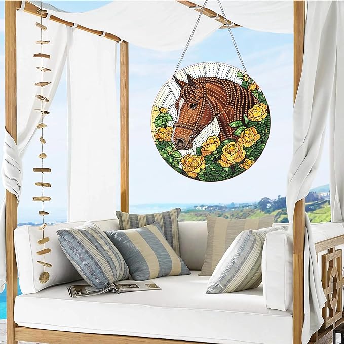 VAIIEYO Horse Diamond Art Hanging Ornament, Animal Diamond Painting Suncatchers Window Hanging Kit with Chain, 7.5x7.5 inch Crystal Pendant Art Craft for Gift Home Wall Front Door Decoration