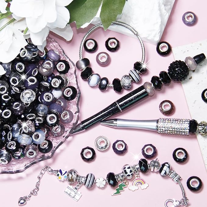60Pcs Black Large Hole Beads, European Craft Big Beads, Large Hole Lampwork Murano Bead, Fairy Wand Garden Bead, DIY Charm Bracelet Necklace Jewelry Making Decoration Supplies