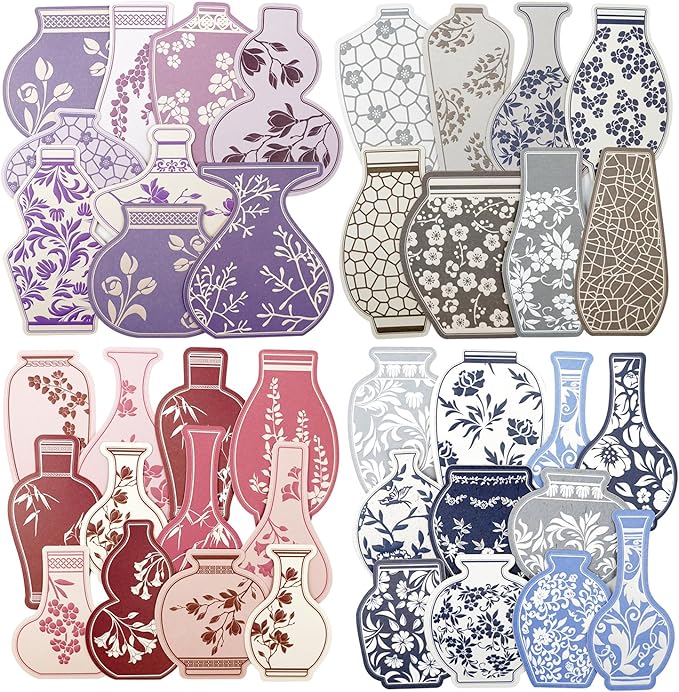 Oriental Floral Vase Stickers – 80pcs Pre-Cut Ceramic Bottle Designs with Relief Texture, Self-Adhesive Decorative Paper for Scrapbook Journaling Collage Planner Crafts