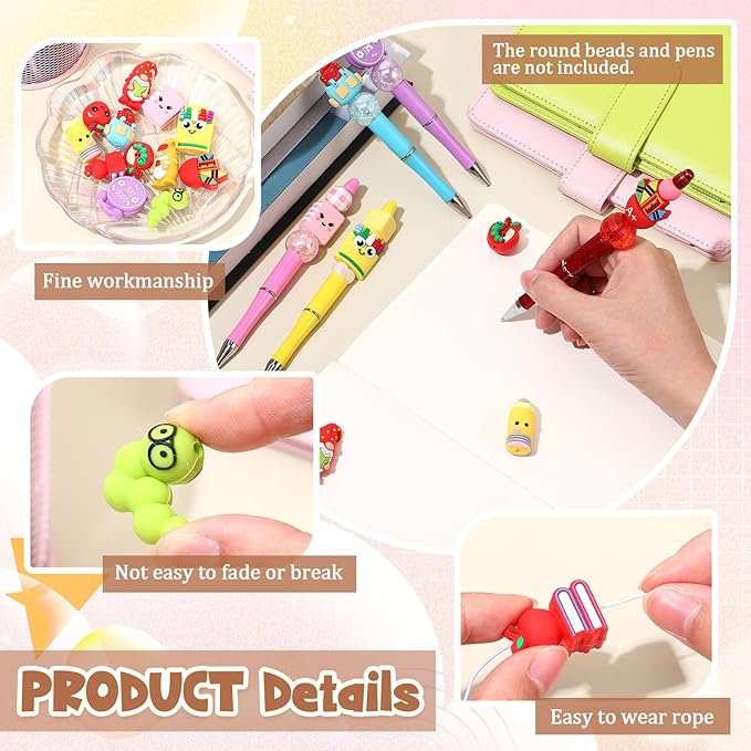 12 Pcs Back to School 3D Silicone Focal Beads for Pens Teacher Character Beads Bulk Funny Apple Pens Pencil for Keychain DIY Crafts Necklace Bracelet Lanyards Making Kit Supplies