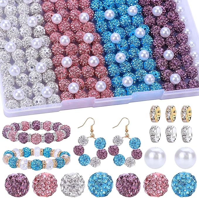 AIPRIDY Jewelry Making Beads Set, 300 PCS 10mm Rhinestone Clay Beads, 8mm Mixed Color Spacer Beads with Pearl and Floral Beads for DIY Jewelry Making (White+R+A+P)