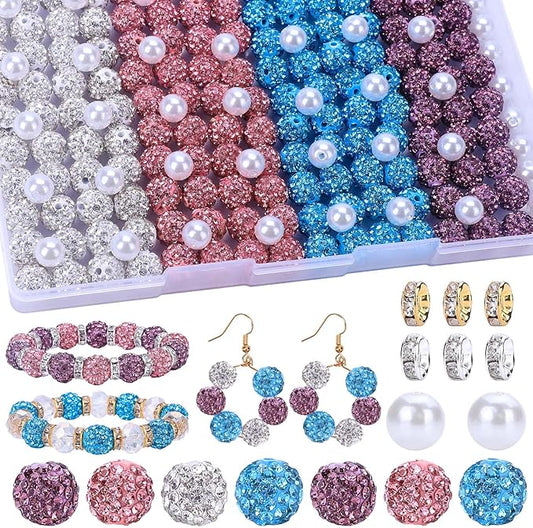 AIPRIDY Jewelry Making Beads Set, 300 PCS 10mm Rhinestone Clay Beads, 8mm Mixed Color Spacer Beads with Pearl and Floral Beads for DIY Jewelry Making (White+R+A+P)