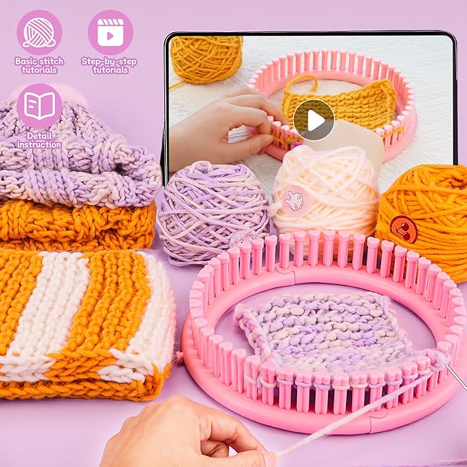 Knitting Loom Craft Kit for Kids & Beginners - Create Hat & Scraf with Yarn, Hook Needle, Ideal Birthday Christmas Gifts for Teens Girls Age 6-8 8-12 14+, Pink Loom