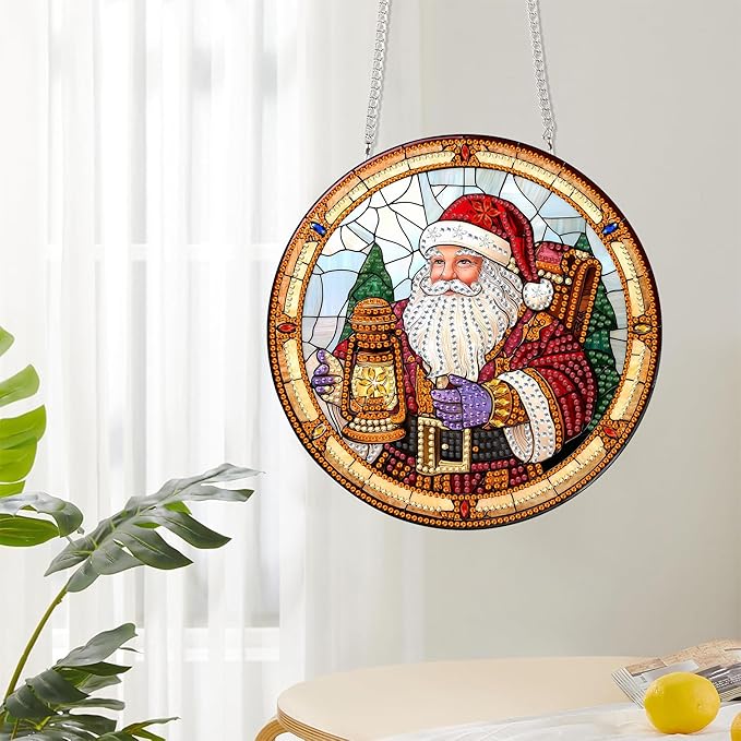 Reofrey Hanging Diamond Art Kits for Adults - 8x8 Inch Christmas Santa Claus Acrylic Board Double Sided Pattern Diamond Art Suncatcher Pendant, DIY Crystal Art for Home Wall or Window Decoration Gift