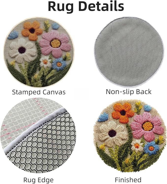 Latch Hook Rug Kit Abstract Cute Wild Flower Easy for Beginners Round Shape Carpet Crochet Yarn Craft Mini Rug DIY Hook and Latch Little Tapestry for Home Decor 30x30cm