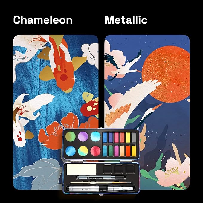 ARTISTRO 48 Metallic Color Watercolor Paint Set - Portable Paint Art Kit with Palette and Brush Pens - Travel Water Color Set for Adults, Professionals, Kids - Art and Painting Supplies - Gift Idea