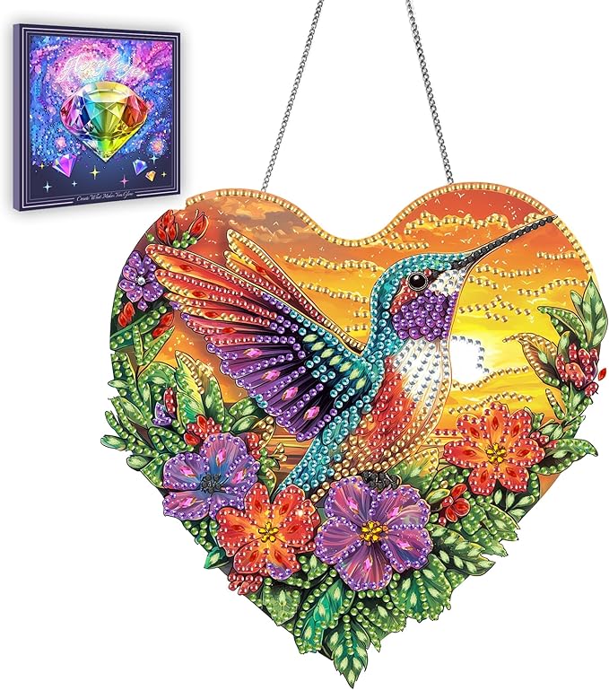 Ginfonr Diamond Painting Kits Hanging Pendant, Hummingbird Diamond Art Kits for Adults, Special Shaped Rhinestone Landscape Diamond Art, Double Sided Hanging Kits for Garden Wall Window 8 x 8 inch