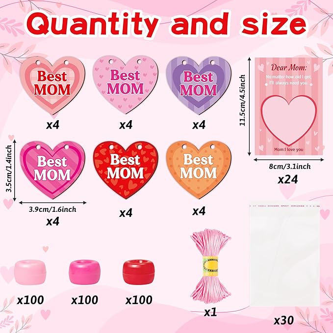 BeYumi Mom Necklace Craft Kit - 24Pcs DIY Mother's day Best Mom Wooden Heart Pendant Beads Necklace Making with Greeting Card Love Mother Make Your Own Gift for Kid School Classroom Family Party Favor