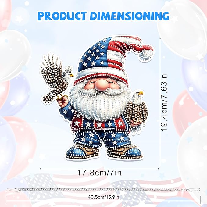 Bowetile Independence Day 5D Diamond Art Hanging Gnome Kits for Adults, 4th of July Diamond Painting USA Window Pendant Kits, Special Shape Gem Art Suncatcher Ornament for Home Wall Decor