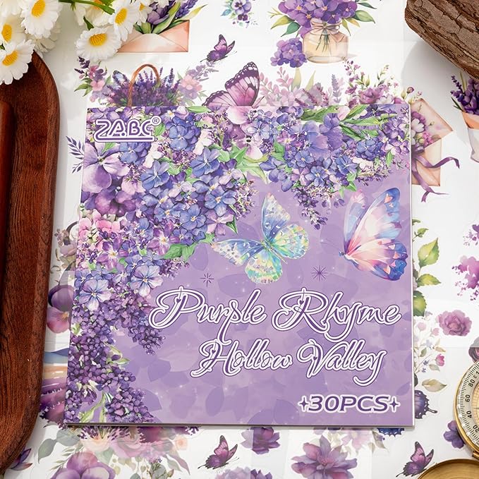 Purple Garden Scene Theme Sticker Scrapbooking Supplies for Junk Journal, 30 Sheets PET Stickers - Vintage Journaling Stickers, Ephemera Sticker Book Pre Cut(TZ-005-003)