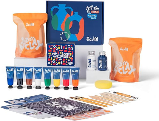 Sculpd - The Original Pottery Kit for Adults - Includes Air Dry Clay for Adults, Sculpting Tools, Varnish, Paint Brushes, Guides, Couples Date Night Arts & Crafts Set, Gloss Varnish with Classic Tones