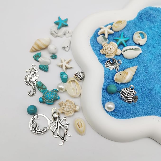 Julie Wang 422PCS Antique Silver Alloy Pendants Seashells Man-made Turquoise Beads Starfish Turtle Ocean Charms for Jewelry Making Summer Beach Necklace Earring Bracelet Craft DIY Accessory