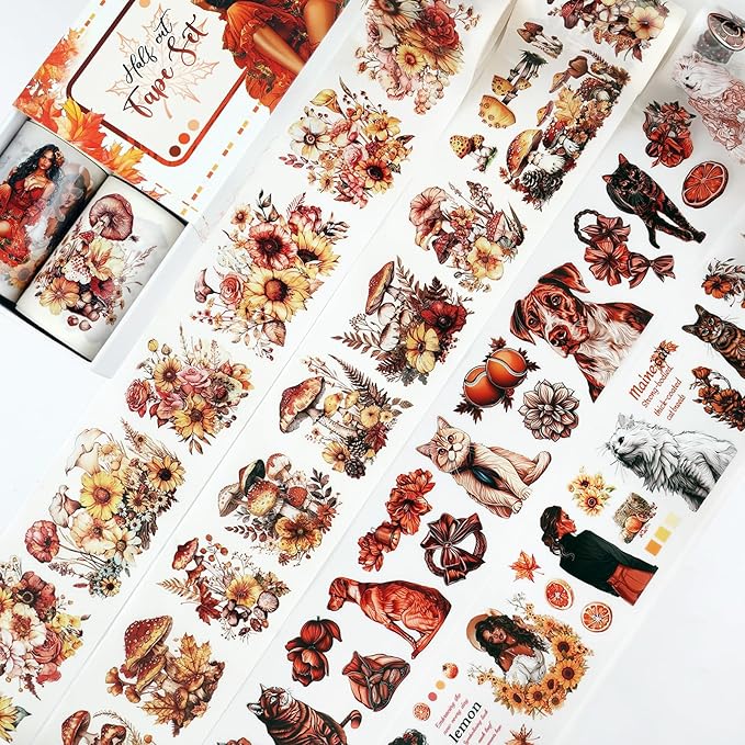 Dizdkizd Pre-Cut PET Washi Tape Set, 4 Rolls of Cute Pet Flower Mushroom Washi Tape Stickers for Scrapbooks, Bullet Journals, Collages, Planners, Autumn Vibes