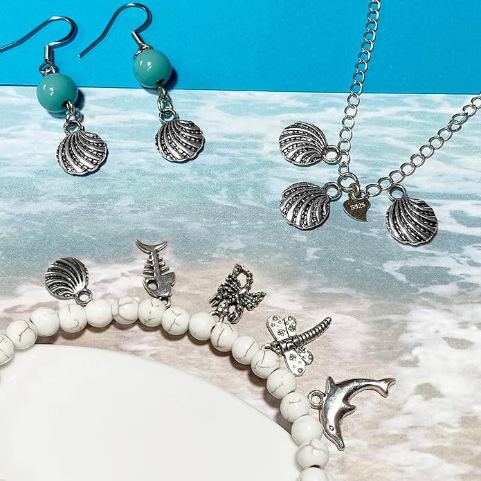 Heather's cf Silver Sea Charms – Antique Pendants, Non-Tarnish, Lead-Free & Nickel-Free, Bulk Ocean Animal Charms for DIY Jewelry, Bracelets, Necklaces, Earrings, Beach Craft Supplies (Sea Animals)