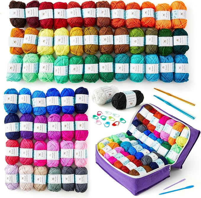 inscraft 62 acrylic yarn skeins, 2170 yards yarn for knitting, 2 crochet hooks, 2 weaving needles,10 stitch markers, 1 purple bag, perfect crochet beginner kit for for adults